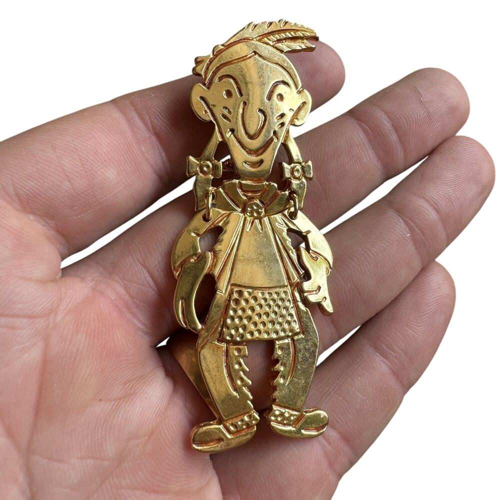 Vintage Gold Crown Smiling Indian Lapel Pin Two Piece 3” Tall - BUB